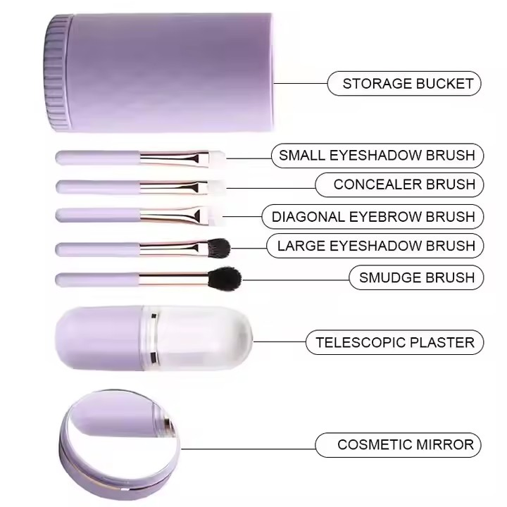 Wholesale 6 in 1 Makeup Brush Set with Cosmetic Mirror Portable Cosmetic Brush with Storagebucket Makeup Mirror Logo Custom