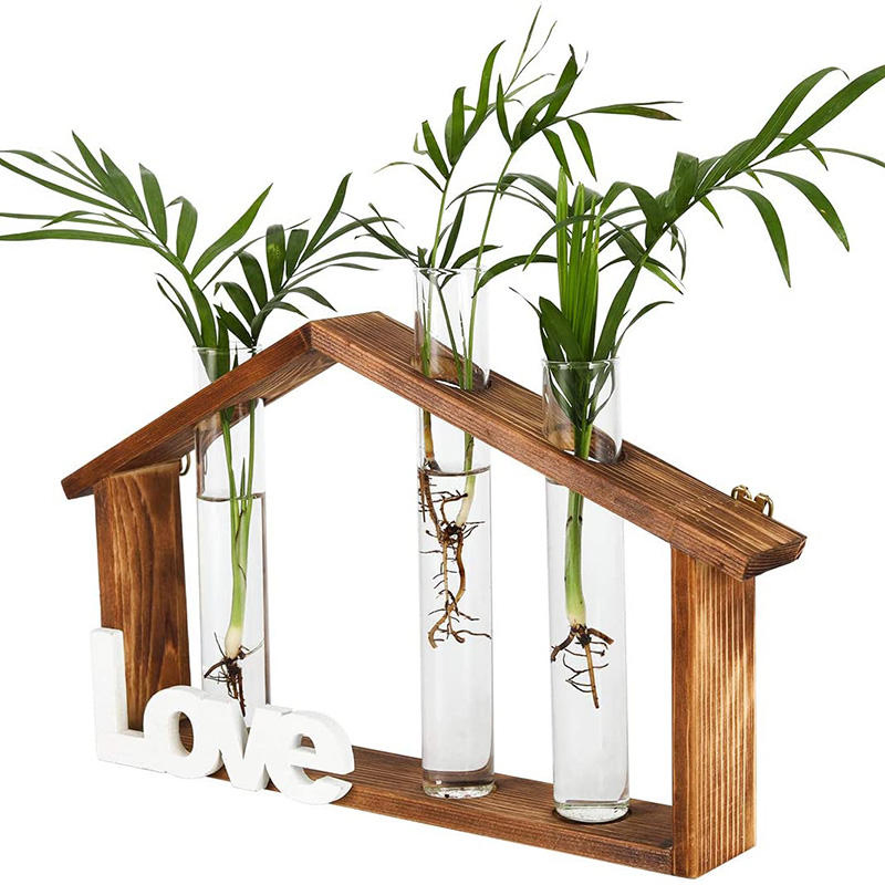 Wooden Stand Wall Hanging Planters with 3 Hydroponic Plant Glass Vase for Home Office