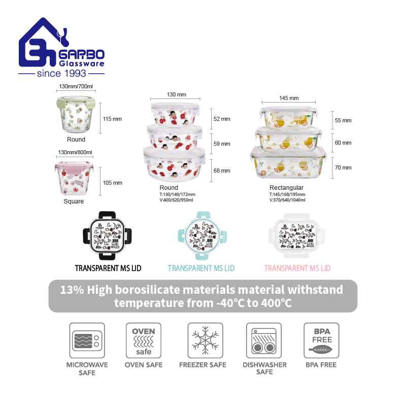 Promotional Hot Selling High Borosilicate Glass Food Container Microwave Oven Safe Lunch Box with Lid Round Square Rectangle 640ml Bento Food Container Bowl