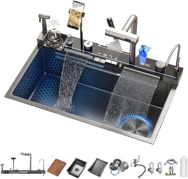 Waterfall Multifunctional Smart Kitchen Sink with Phone Holder and Spray Gun