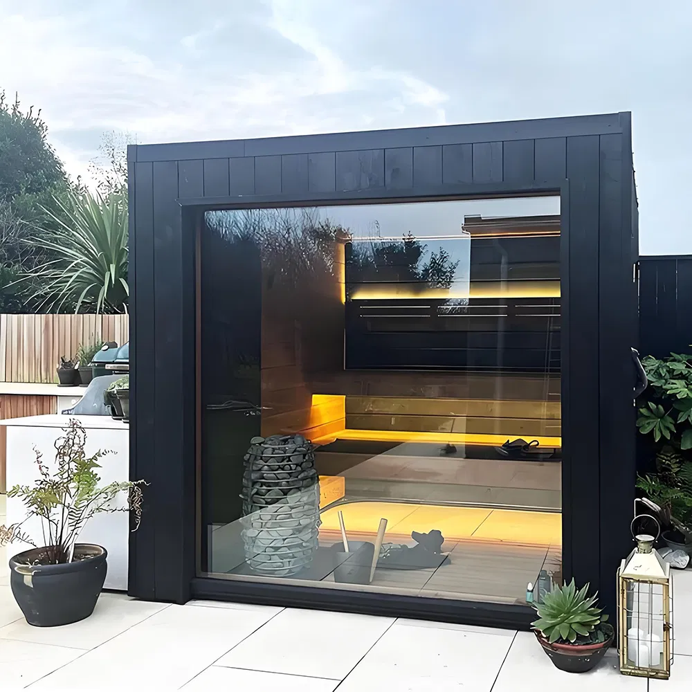 Customizable Outdoor Traditional Square Sauna with LED Lighting