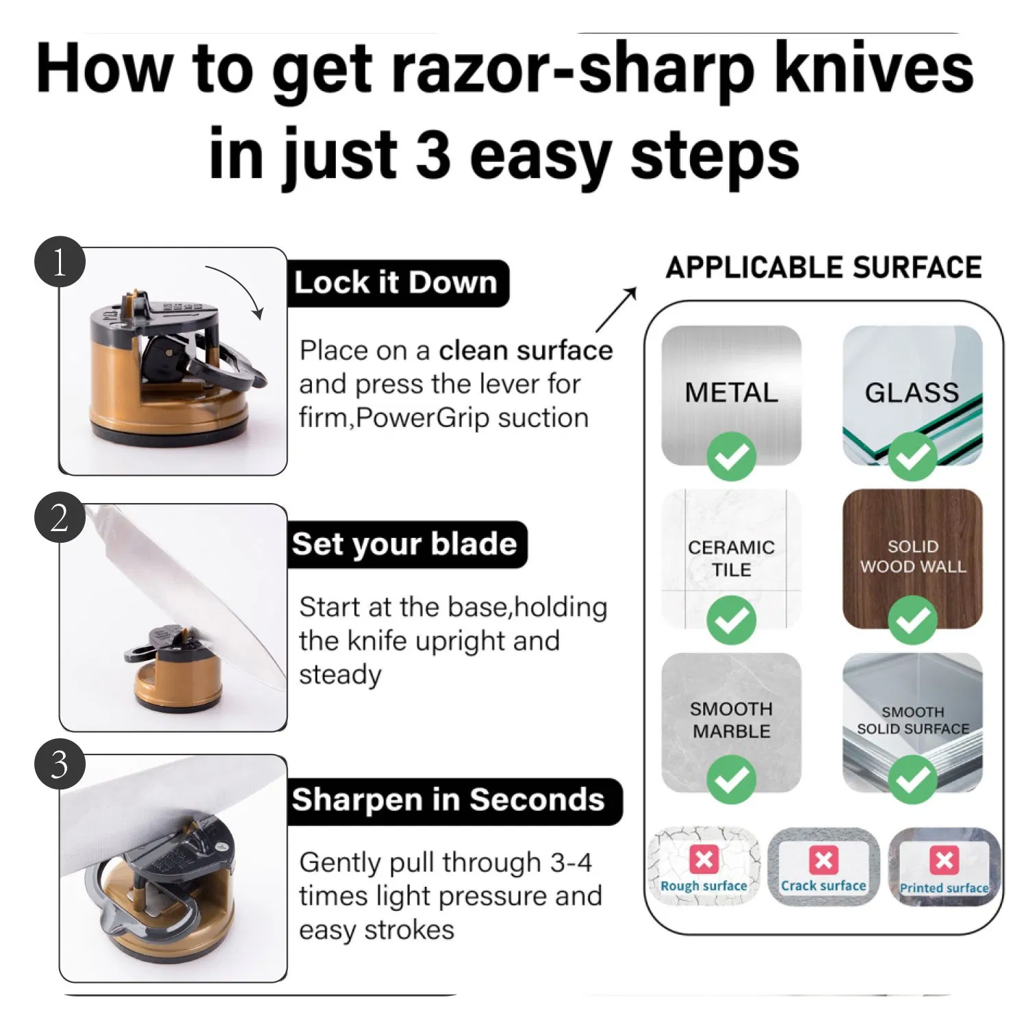 Brown Knife Sharpener Powergrip Suction Base 200X Force Increase Mini Size Fast 3 Step Sharpening for Most Kitchen Knives Tool