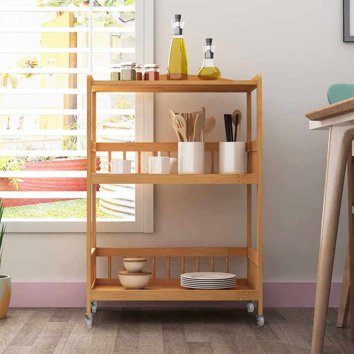 Bamboo Household Kitchen Bathroom with Wheeled Storage Rack