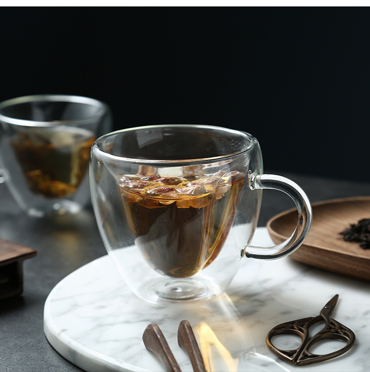 Heart Shaped Double Walled Insulated Glass Coffee Mugs or Tea Cups, Milk Cups Clear, Unique & Insulated with Handle 100% Manual Blowing