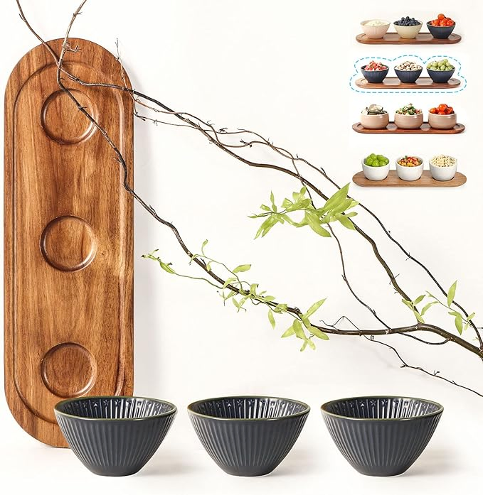 Elegant Acacia Wood Tray with Colorful Ceramic DIP Bowls
