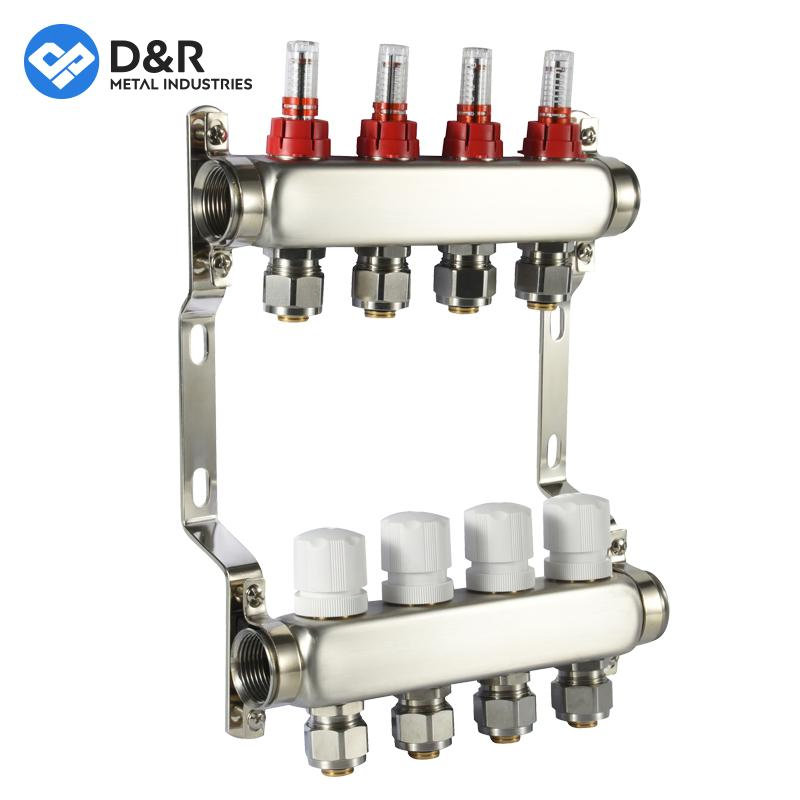 D&R 2024 New Arrived DN25 Stainless Steel Water 2~15 Loop Distribution Flow Meter Manifold for Floor Heating Systems