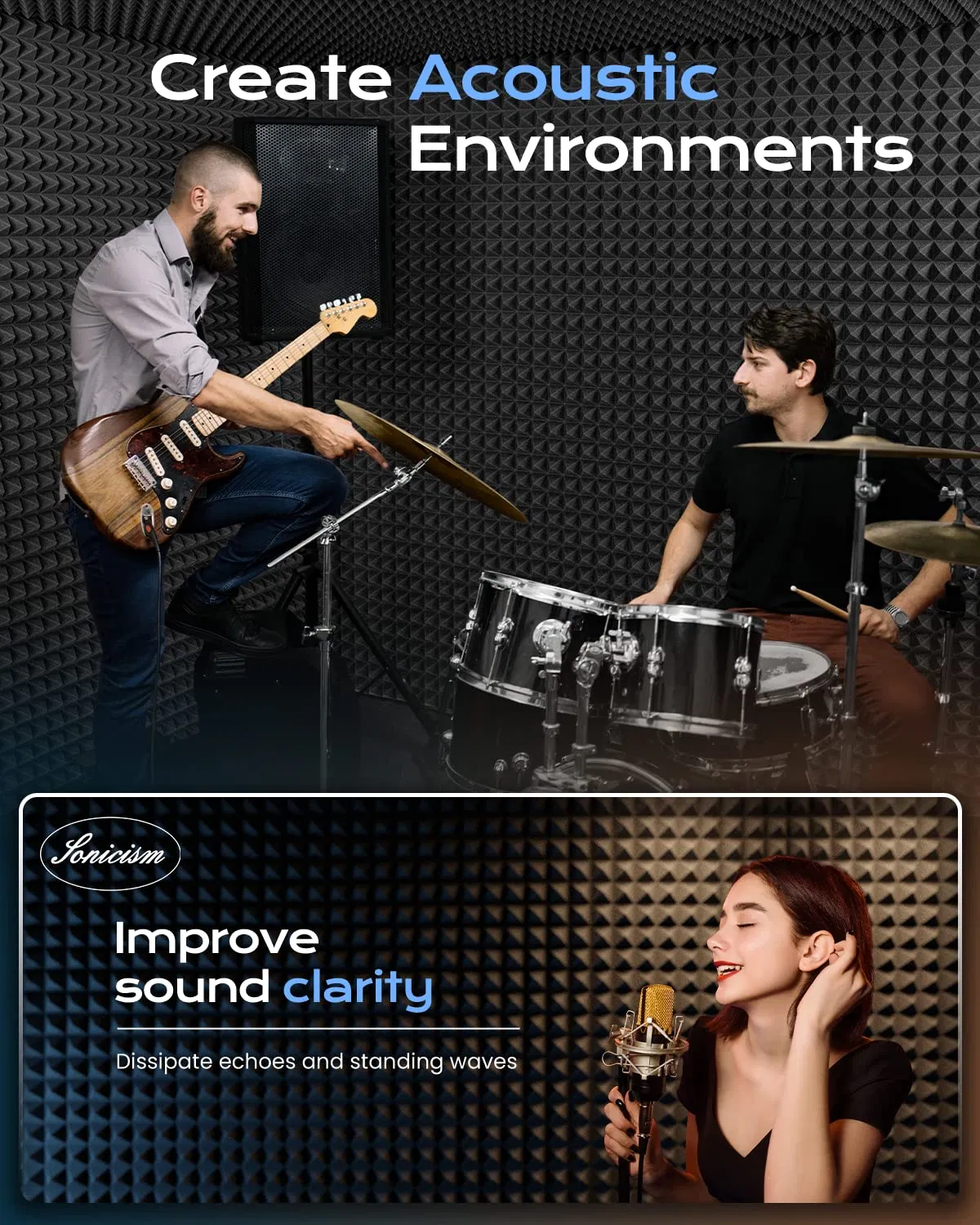 Acoustic Foam Rubber with Pyramid and Triangle Texture Sound Insulation Cotton for Soundproof Home Studios Recording Rooms