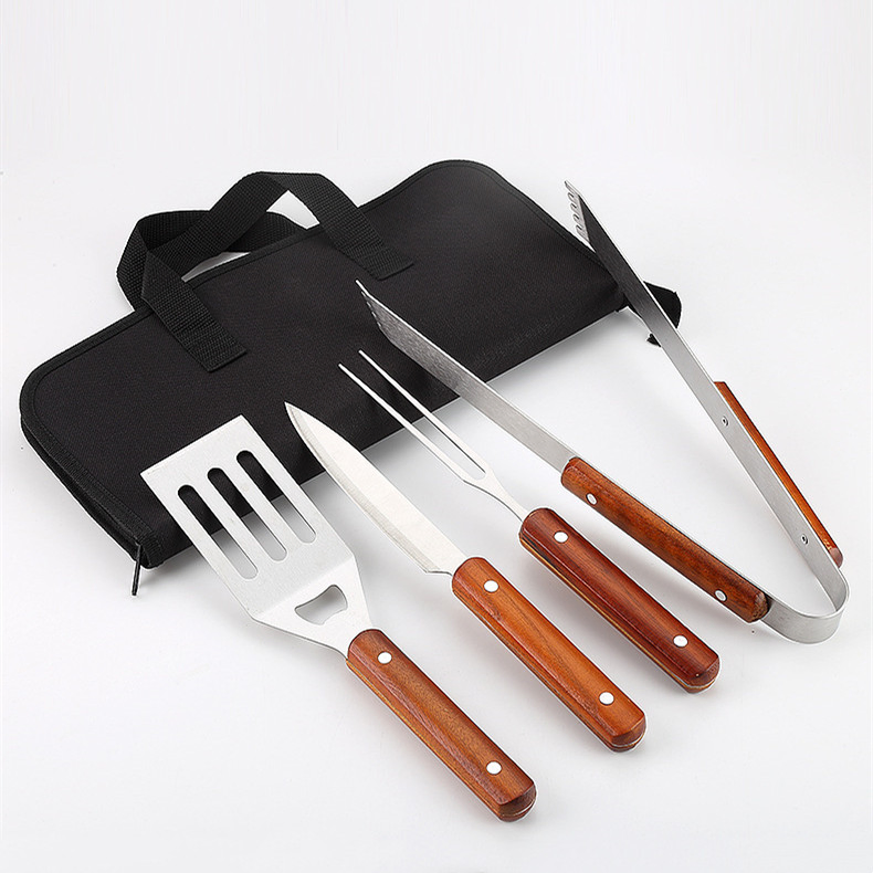 4PCS Wooden Handle BBQ Tools Set Stainless Steel Grilling Accessories