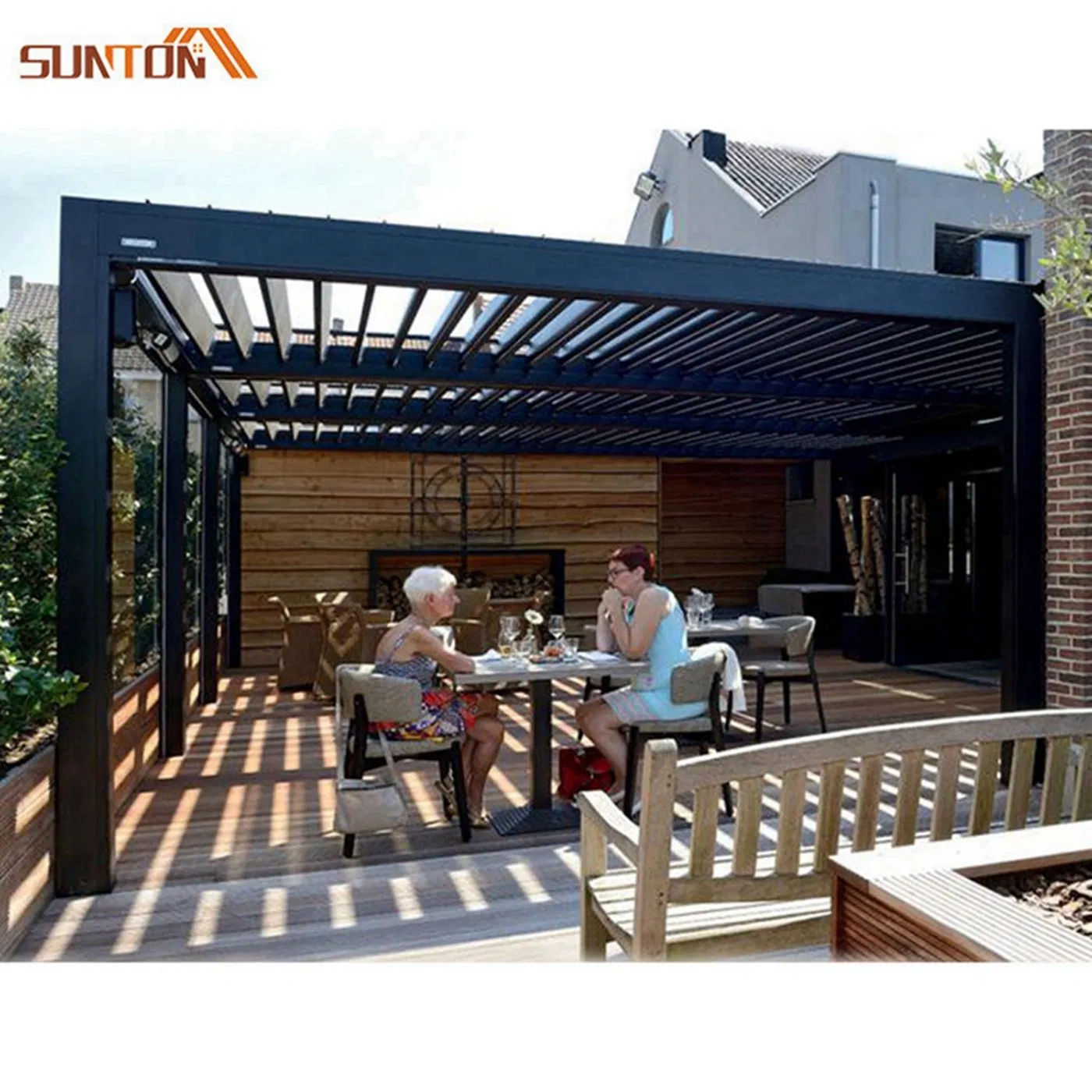 Luxury Modern Design Powder Coated Outdoor Pergola Aluminium Waterproof Louver Roof Glass Sunroom Metal Garden Pergola