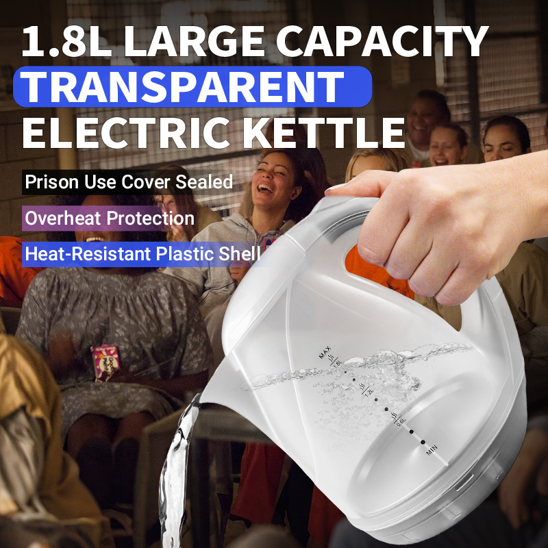 SAA Approved 1.8L Electric Kettle for Prison Jail Use Australia Clear Power Cord with Transparent Lid Safe Clear Plastic Kettle