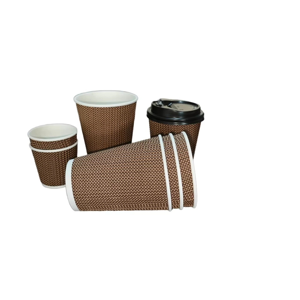 Бумажный стакан 8oz с крышкой, гофрированные стенки