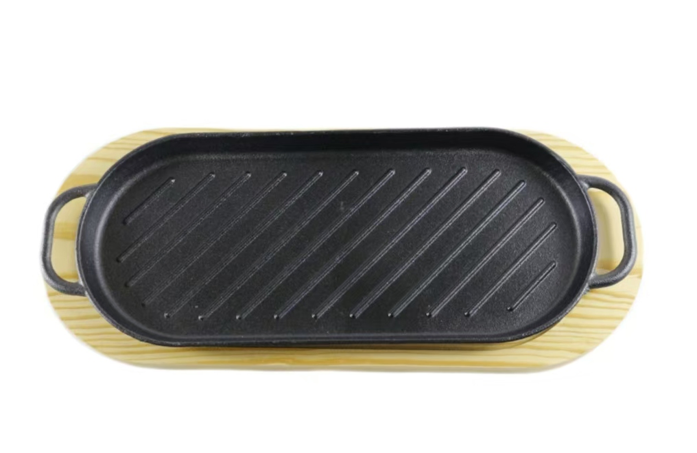Premium Pre-Seasoned Cast Iron Oval Griddle Pan with Wooden Tray