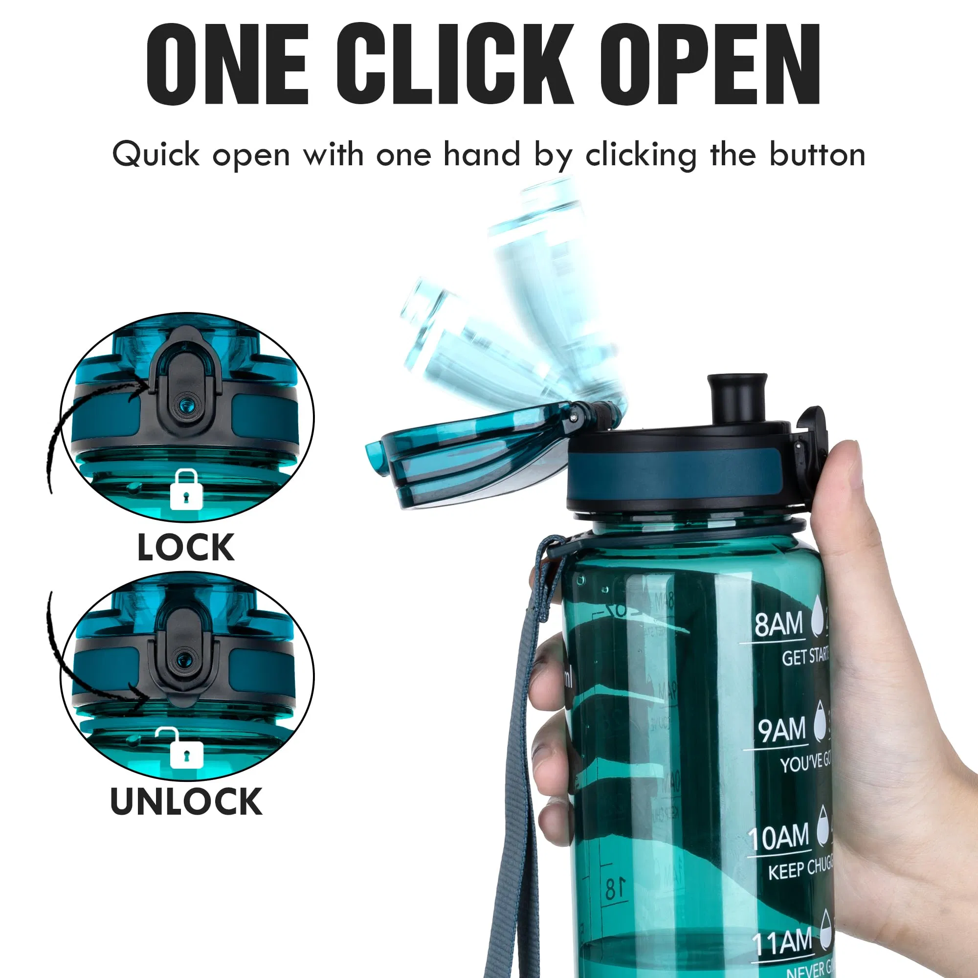 Time-Marked Sports Drink Bottle, 1L Tritan, BPA-Free and Leak-Proof for Training & Office