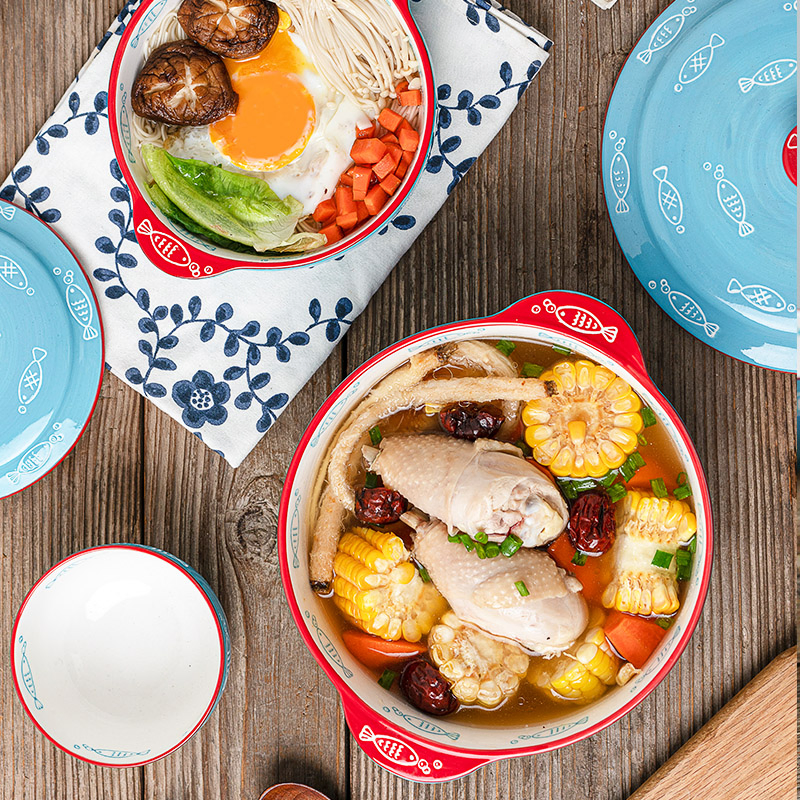Ceramic Tableware Japanese Style with Double Ears Soup Noodle Bowl