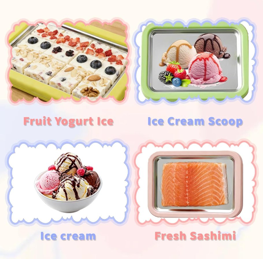 Stainless Steel Instant Freeze Plate Rolled Ice Cream Maker with 2 Scrapers