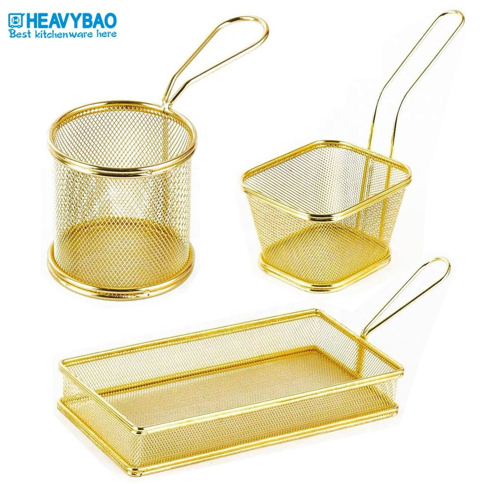Heavybao High Quality Rose Gold Vacuum Plating Serving Basket Kitchenware Fryer French Frie Frying Basket