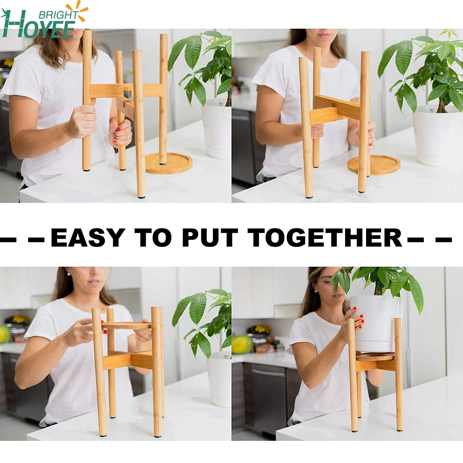 Banmboo Plant Stand MID Century Flower Pot Holder Indoor Modern Bamboo Stand Fits 7" Pot -Saucer Tray