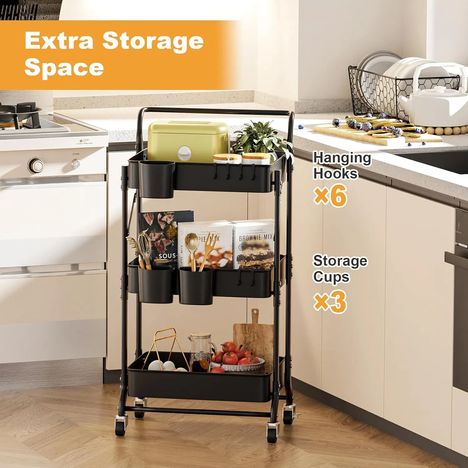 3-Layer Foldable Rolling Cart with Wheels, Foldable Multi-Function Storage Rack, Black, Factory Price
