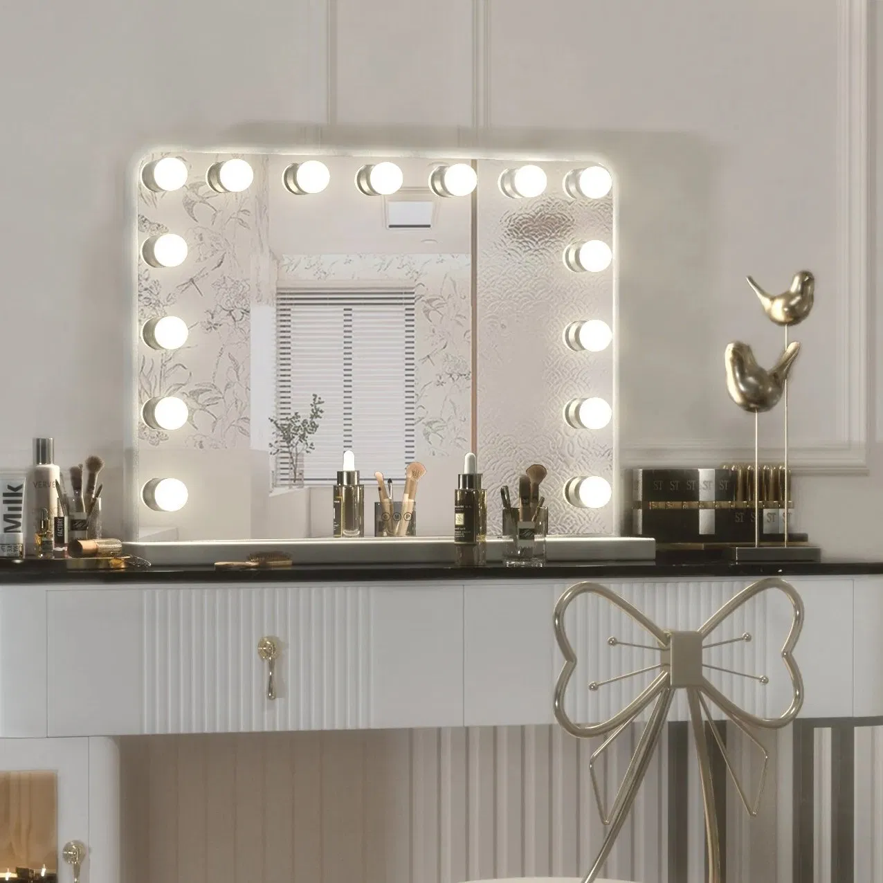 Ortonbath Vanity Mirror Makeup Mirror with Lights Lens Hollywood Lighted Vanity Mirror with 15 Dimmable LED Bulbs 3 Color Modes, Touch Control