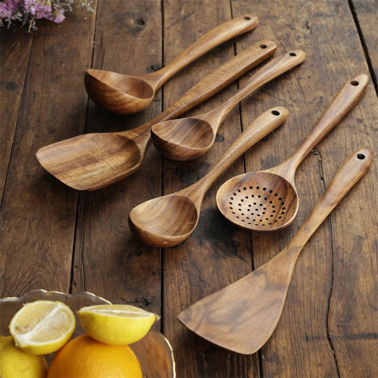 Hot Sale Custom Logo Cookware Natural Teak Acacia Wooden Spoon Set Spatula Wooden Kitchen Utensils Set