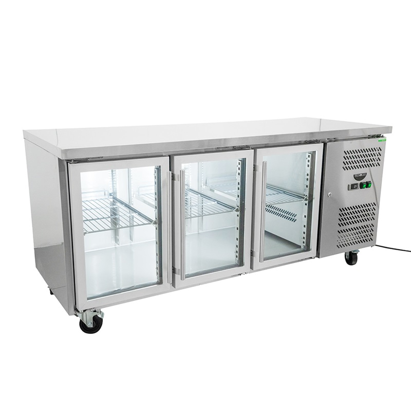 80cm Wide with Glass Curved Square Glass Cover Commercial Kitchen Pizza Prep Chiller and Display Counter Refrigerator with Granite Marble Worktable Table