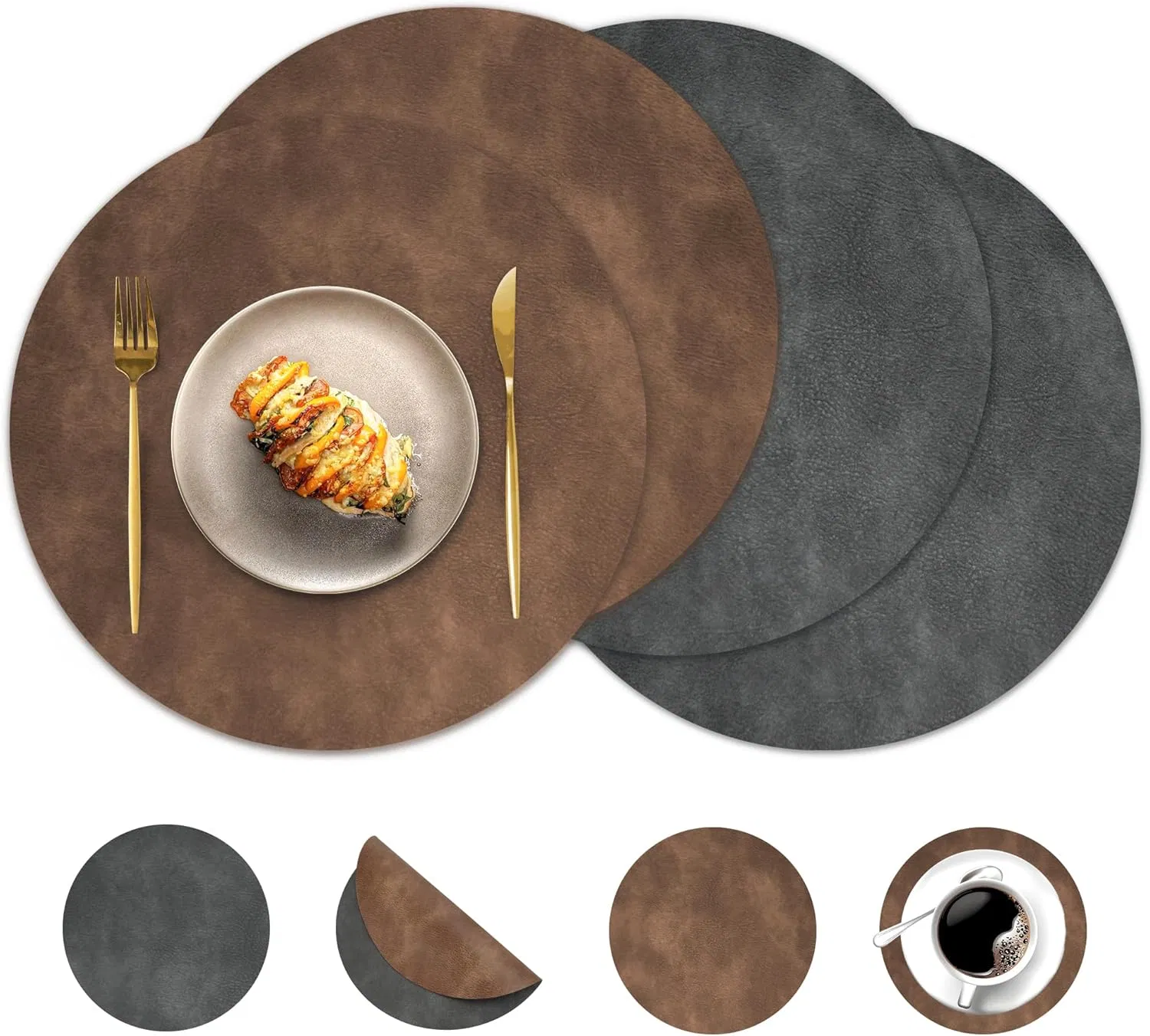 Round Placemats and Coasters Set of 4, Washable Reversible Faux Leather Placemats Cowhide Pattern Place Mats Wipeable Non-Slip 15 Inch Round Kitchen Dining Tabl