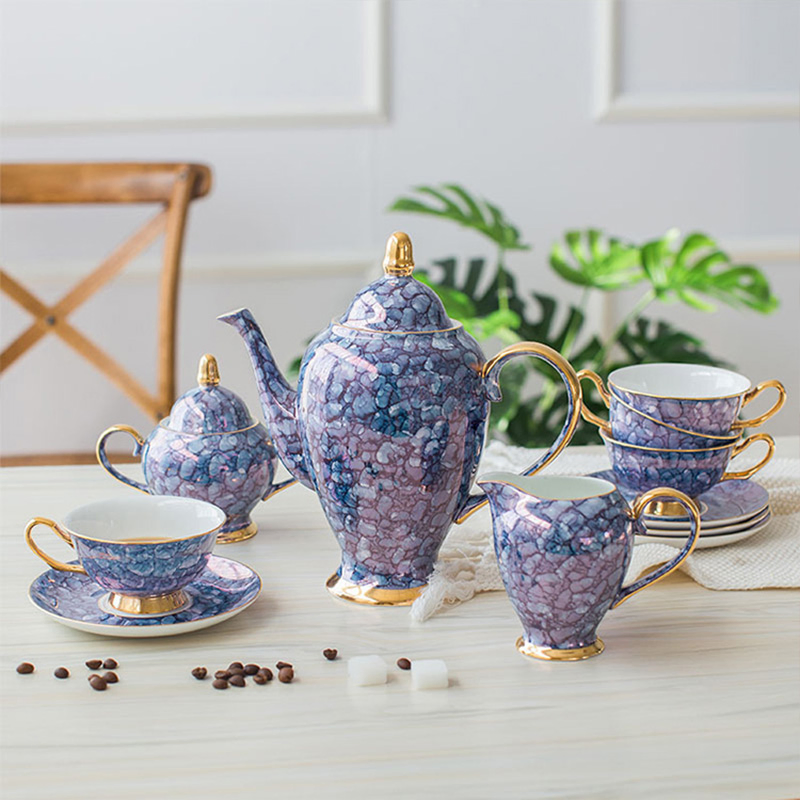 Фарфоровый кофейный сервиз Bone China, 15 предметов, сапфирово-розовый