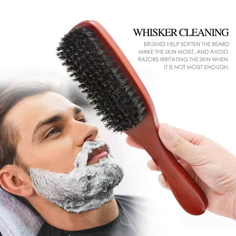 Hot-Selling Custom Logo Pure Boar Bristle Long Wooden Handle Men's Beard Cleaning Brush