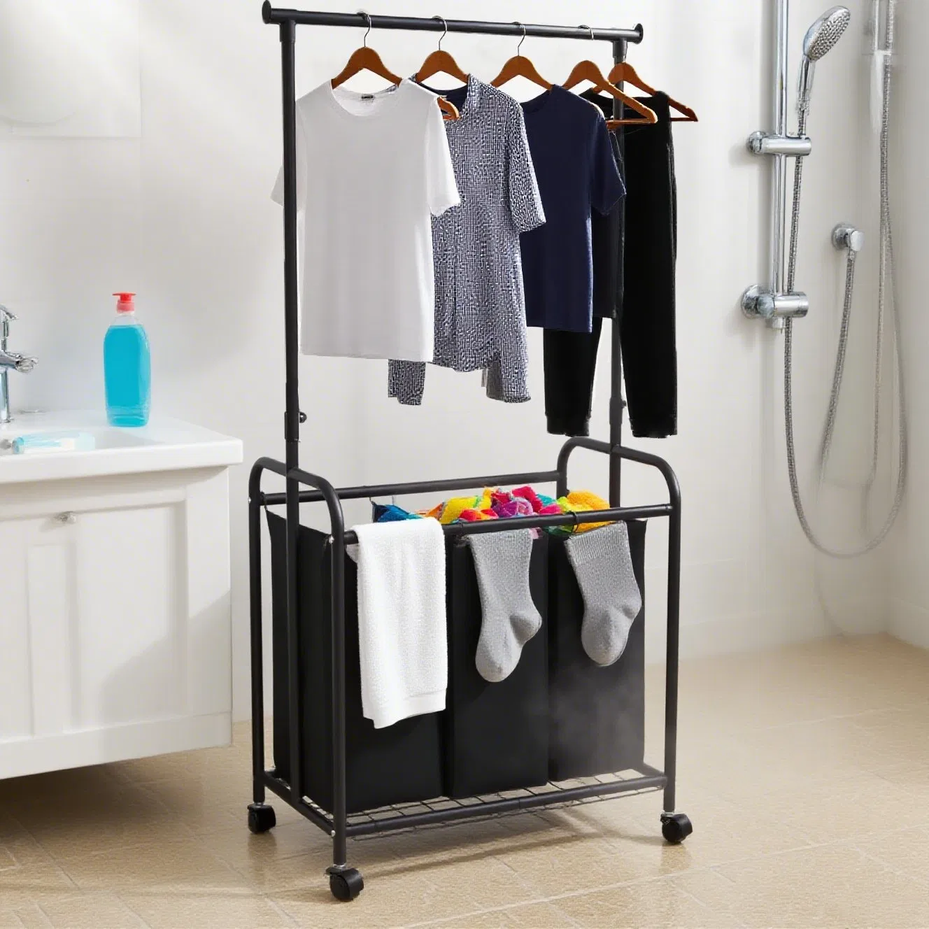 Portable Wheels Laundry Sorter with Steel Hanging Bar