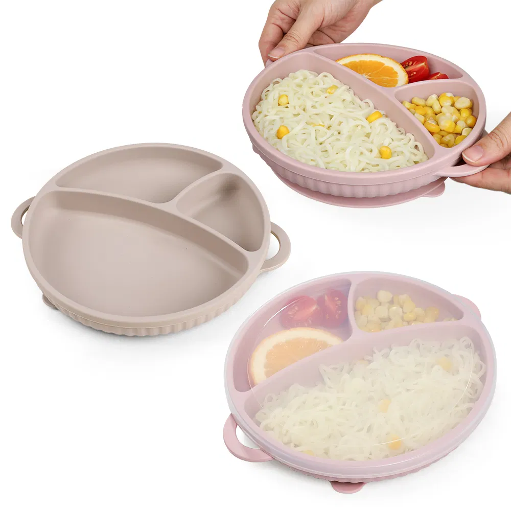 Suction Divided Smile Face Silicone Baby Plate with Lid