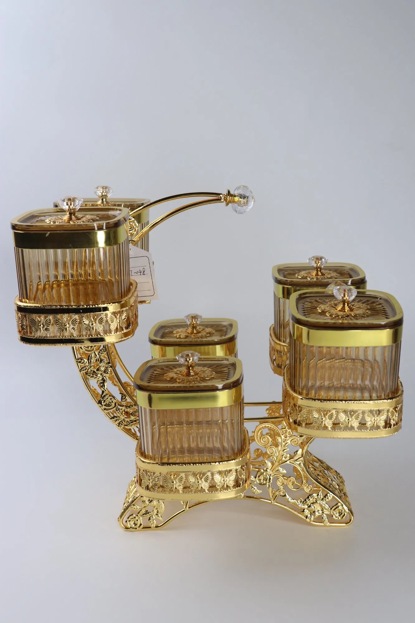 Luxury Home Decor Set, Featuring 6 Square Acrylic Airtight Jars and a Gold-Plated Iron Candy Bowl