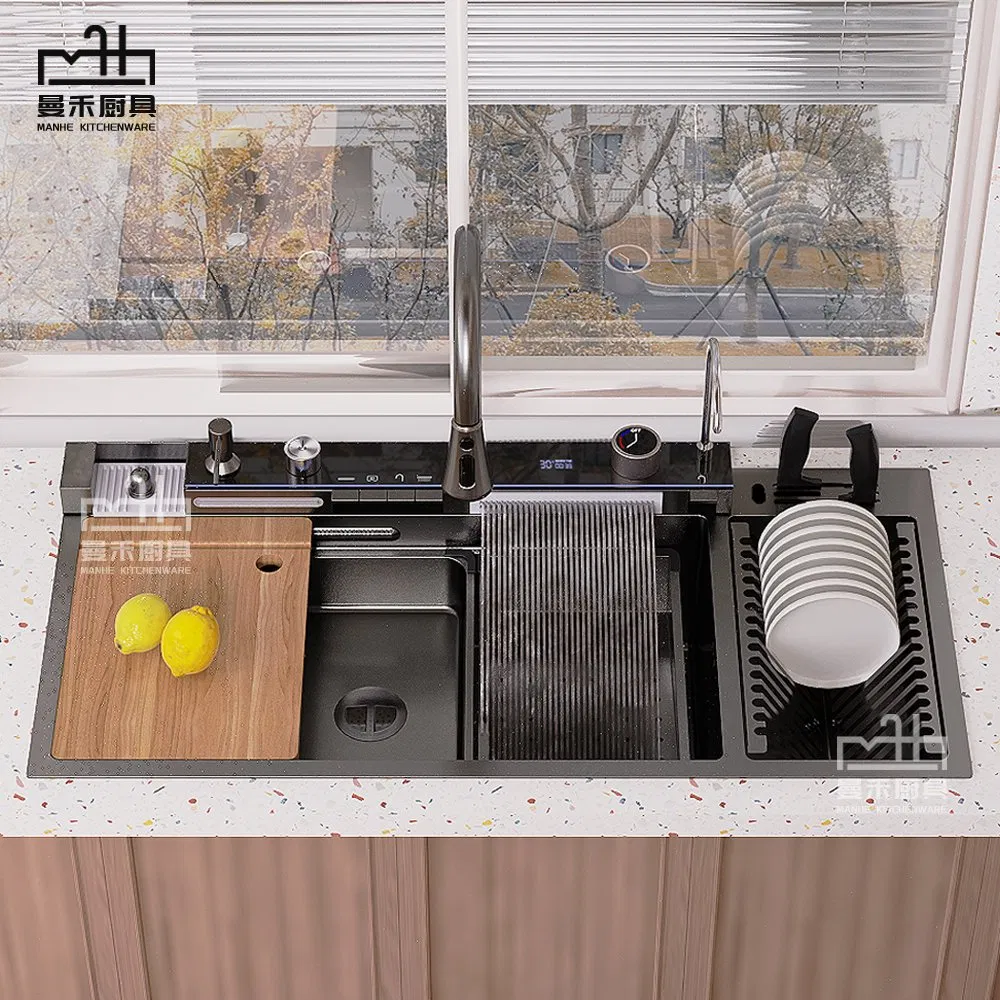 New Handmade Extended Stainless Steel Dish Bain Waterfall Kitchen Sink with Dish Rack 10046