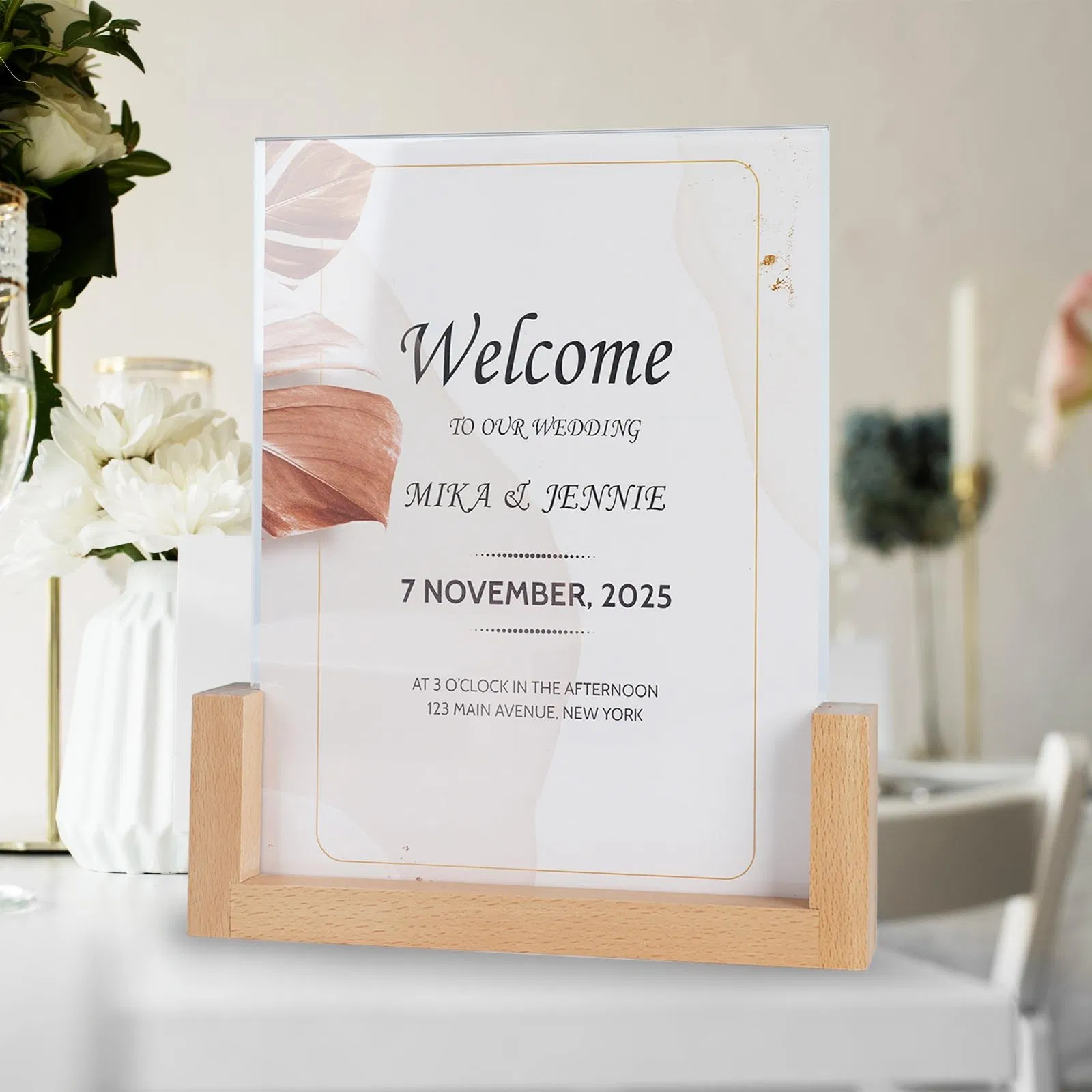 Custom Clear Acrylic Wedding Sign Menu Stand with Wooden Base