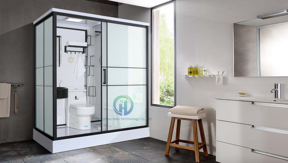 Prefab Bathroom Mobile Shower Room with Luxury Portable Shower Toilet, Frosted Tempered Glass One in All Portable Bathroom Modular Pods