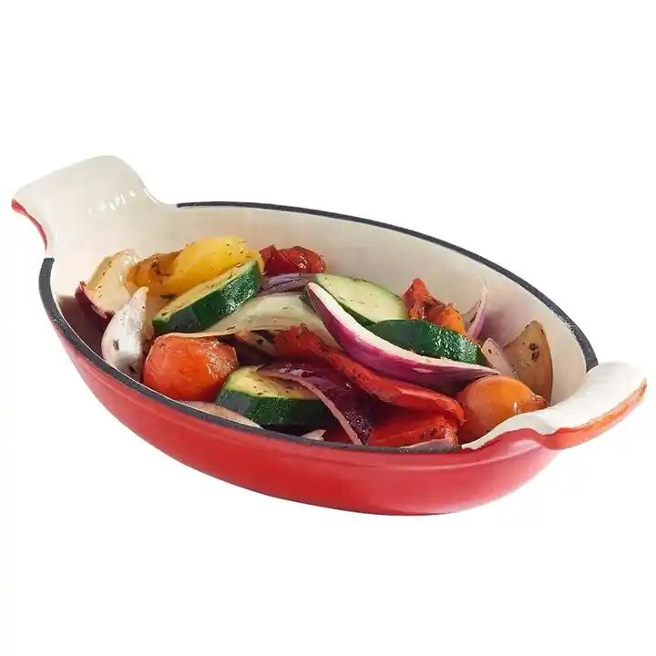 Wholesale Oven Safe Kitchen Utensils Cookware Cast Iron Enamel Coating Fish Plate Pan Frying Dish Serving Pan