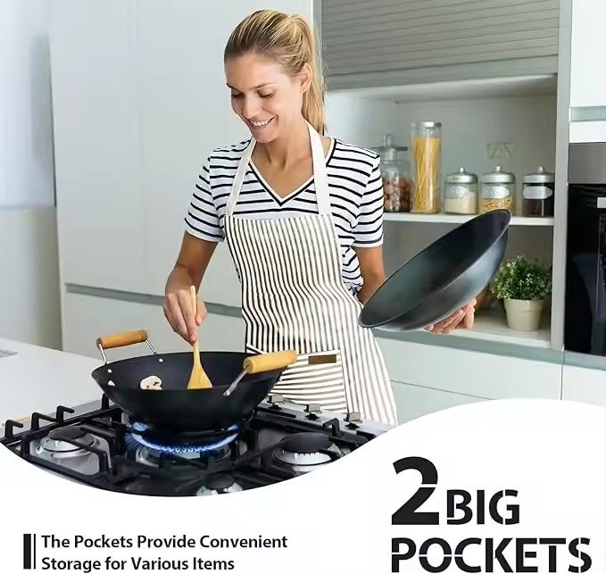 Unisex Stripe Adjustable Neck Strap Soft Polyester-Cotton Bib Chef Kitchen Cooking Aprons