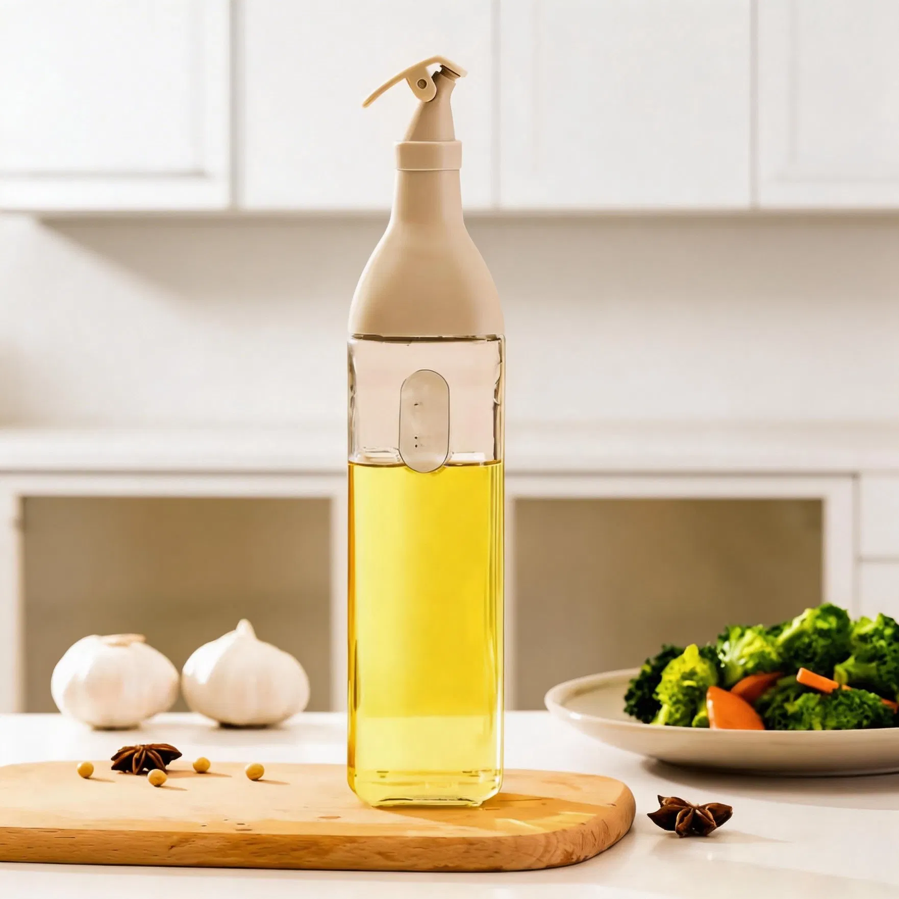 Multicolor Square Glass Oil Bottle with Wooden Stopper for Rustic Kitchen Aesthetic