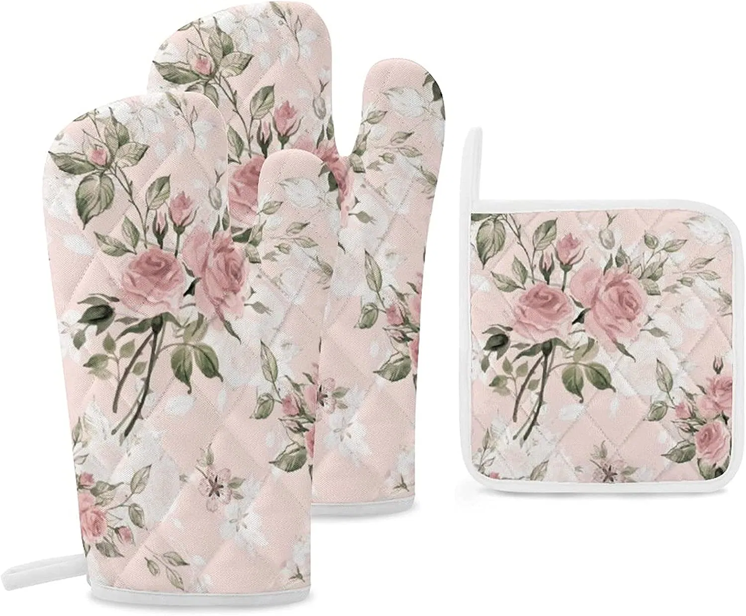 French Vintage Floral Heat Resistant Kitchen Microwave Oven Mitts and Pot Holders