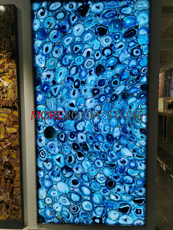 Luxurious Cafe Salon Backlit Blue Agate Semi Precious Gemstone Natural Marble Stone Slab