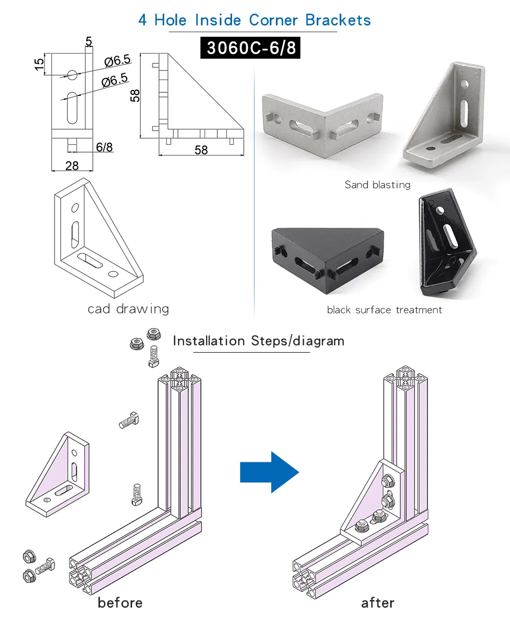 China Manufacturer 4 Hole Inside Corner Brackets CNC Machining Corner Bracket for 3060c-8A Profile Aluminum Extrusion #1028