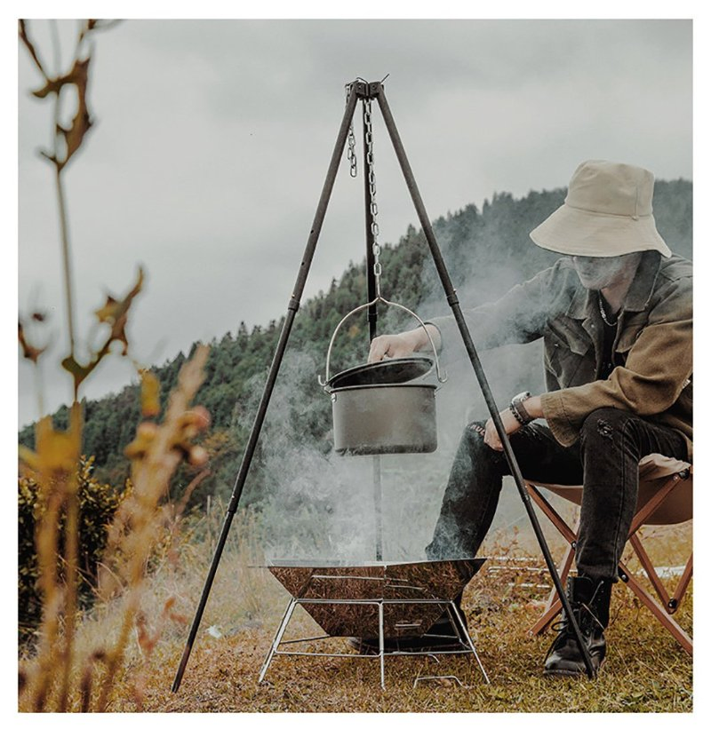 Outdoor Camping Tripod Hanging Pot Bracket Portable Firewood Burning Platform Campfire Holder Camping Cookware Hanging Triangle Holder