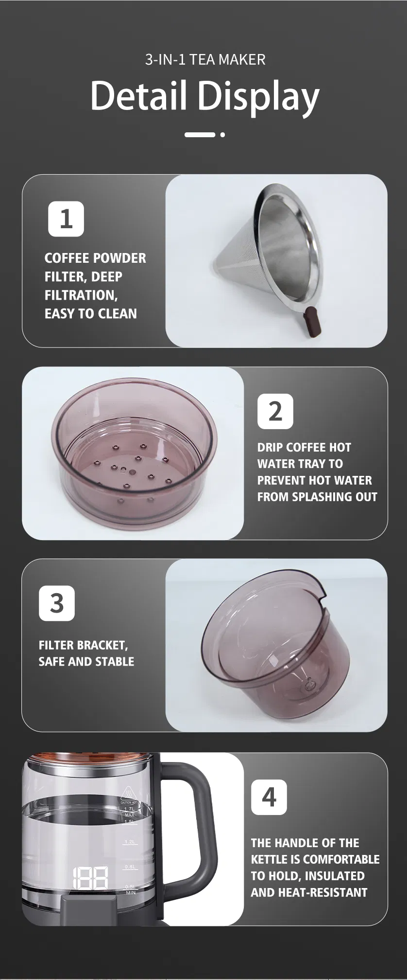 Yuekon 1.7L High Borosilicate Smart Digital Glass Kettle with Heat Preservation Function Suitable for Brewing Tea Coffee Milk