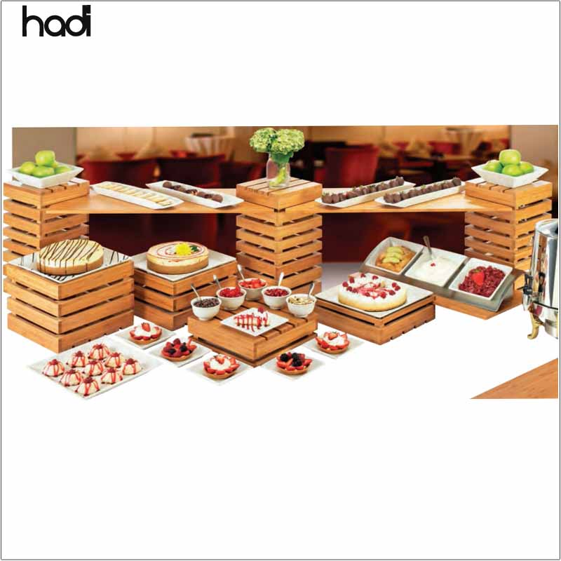 F&B Chef Items Hotel Catering Equipment Wooden Furniture Decorative Wooden Buffet Rack Riser/ Buffet Stand Catering for Sale