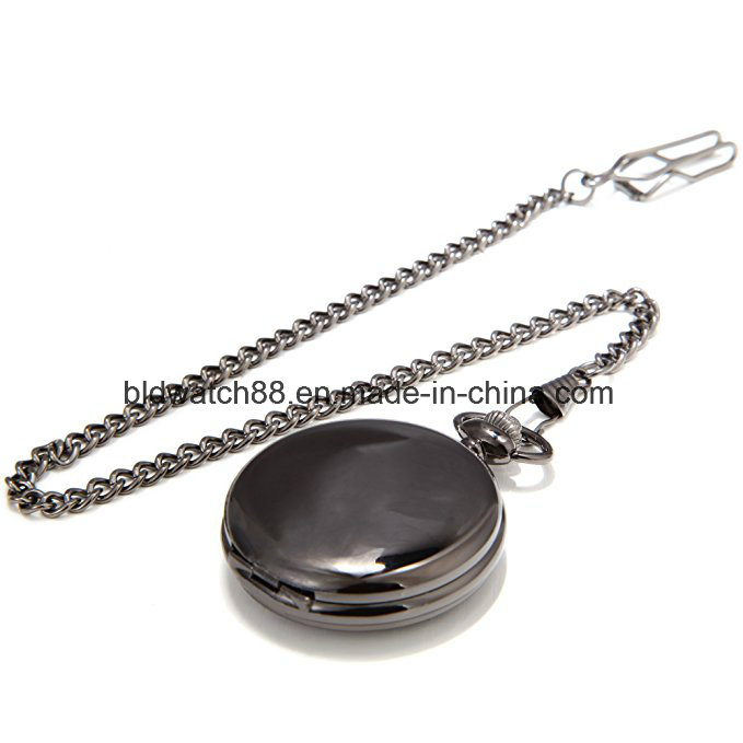 Engraved Black Mechanical Skeleton Pocket Watch with Chain