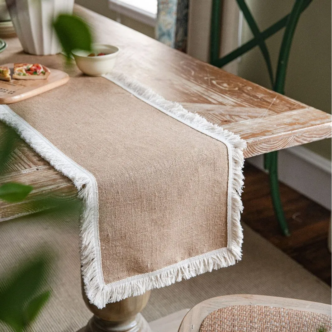 Xinlan Bohemian Jute Table Runner Lace Fringe Decorative Long Tablecloth Wedding Banquet Dining Table Cover