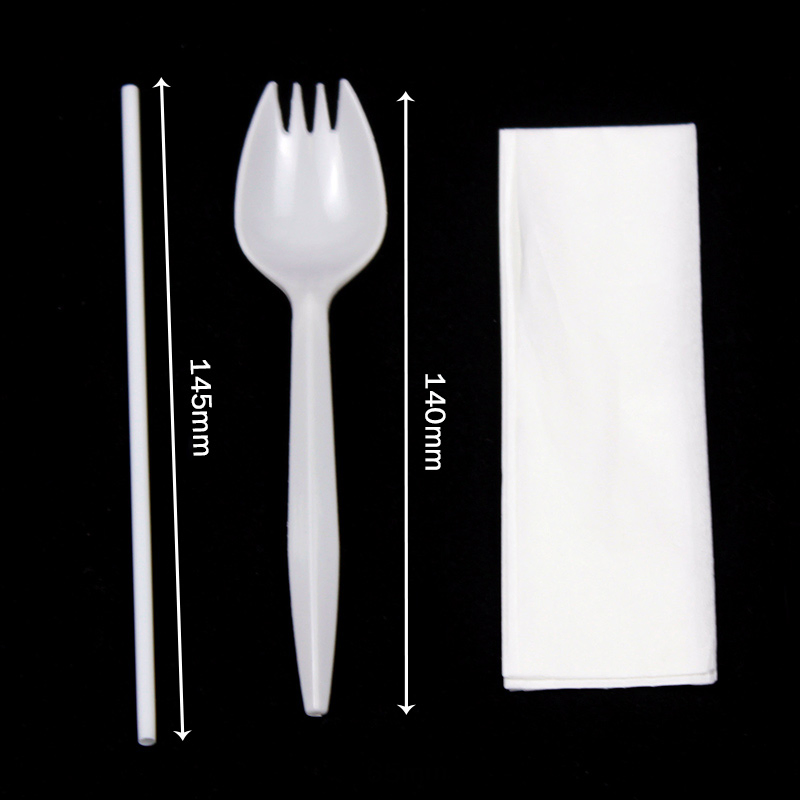 Disposable PP Spork with Milk Straw Napin Plastic Medium Weight Cutlery Set