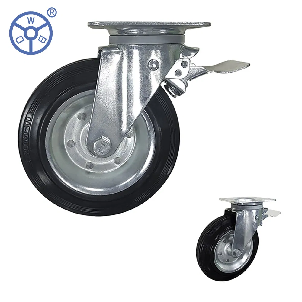 6/8 Inch Plate Casters Waste Bin Trash Can Rubber Wheels Castor Swivel with Brake