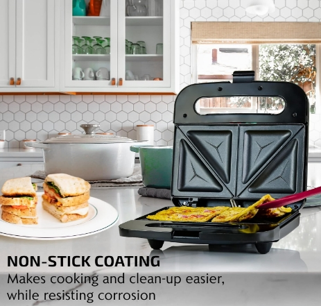 Electric Sandwich Maker with Non-Stick Plates, Indicator Lights, Easy to Clean and Store, Perfect for Cooking Breakfast, Grilled Cheese, Tuna Melts and Snacks