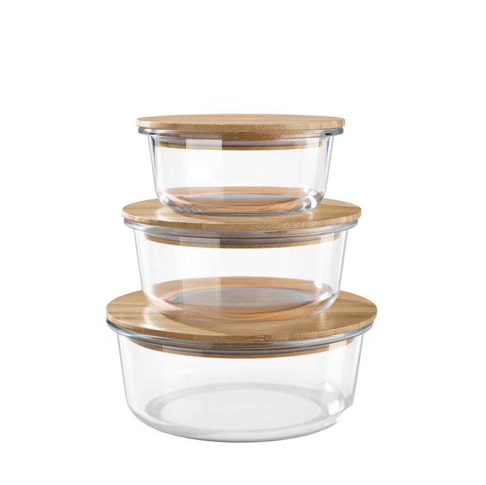 Food Storage Glass Food Container/ Lunch Boxes Round/Square Shape/with Bamboo Lid/200ml 1500ml