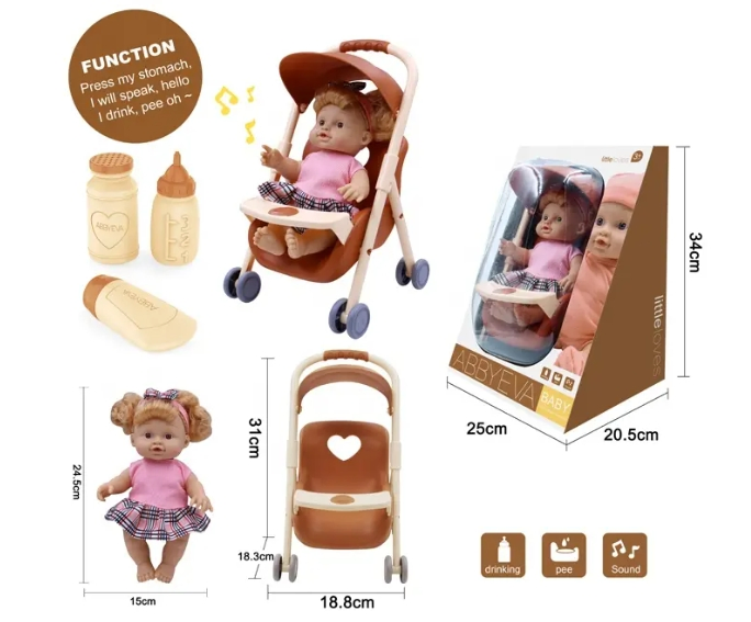 Hot Selling Girl Pretend Play Mini Pink Trolley Iron Frame Dolls Cart Toy Set Doll with Stroller